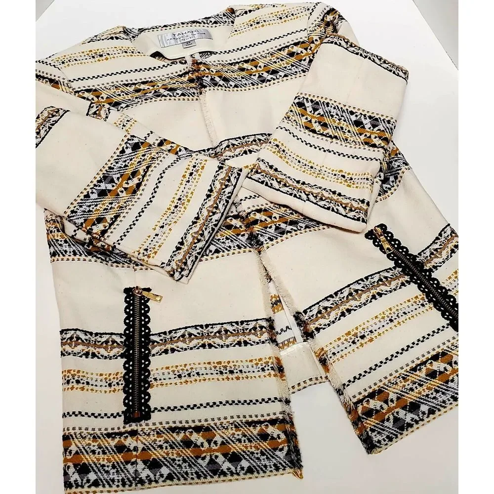 Tahari Open Blazer Jacket 2P Arthur S. Levine Woven Cream/Black/Gold Fringe Edge - Picture 10 of 10